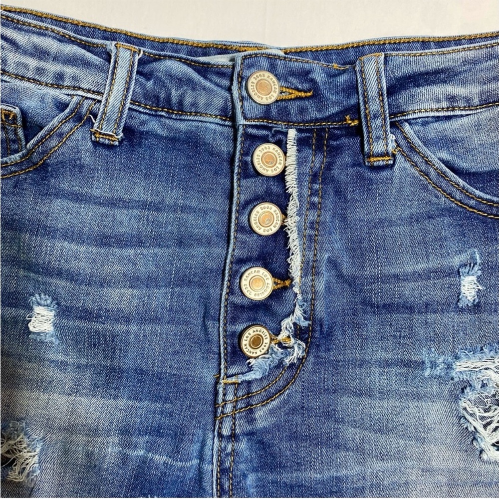 KANCAN High Rise Button Fly Denim Shorts | Distressed Raw Hem | Size 9/28 - Picture 6 of 10